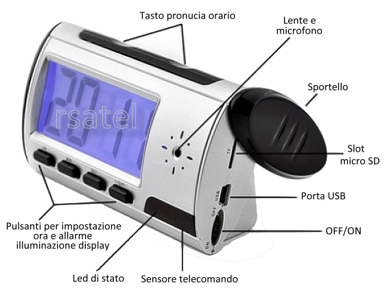 Telecamera nascosta in orologio sveglia digitale: registratore e memoria micro SD